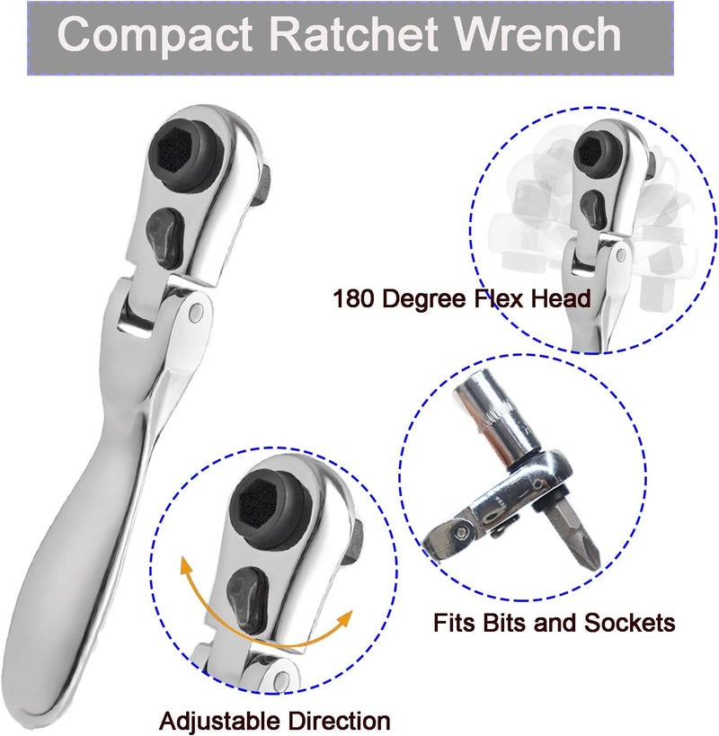 COTOUXKER Mini ratchet screwdriver Set, Right Angle Screwdriver set with 1/4 Mini Flex Ratchet Wrench and Bits Sockets for Tight Spaces(Ratchet wrench with bits and socket) - Image 3